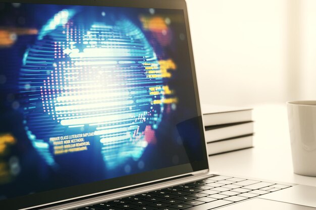 Moderner Computerbildschirm mit abstrakter kreativer Codierungsskizze und Weltkarte, künstlicher Intelligenz und neuronalen Netzen, Konzept 3D-Rendering