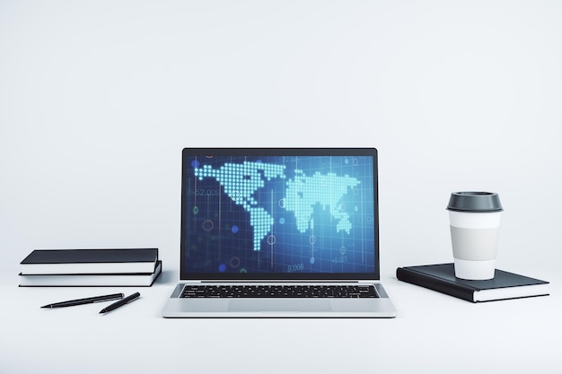 Moderner Computerbildschirm mit abstrakter kreativer digitaler Weltkartenforschung und Analysekonzept 3D-Rendering