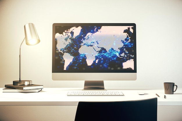 Moderner Computerbildschirm mit abstrakter kreativer digitaler Weltkartenforschung und Analysekonzept 3D-Rendering