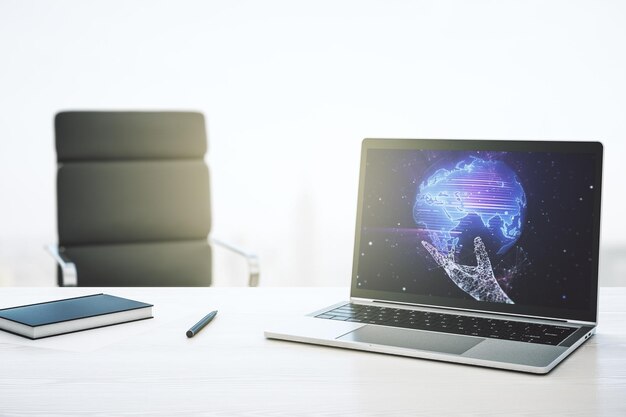 Moderner Computerbildschirm mit abstrakter kreativer digitaler Weltkartenforschung und Analysekonzept 3D-Rendering