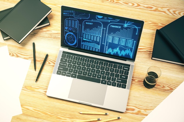 Moderner Computerbildschirm mit kreativen Statistikdaten, Hologrammstatistiken und Analysekonzept 3D-Rendering