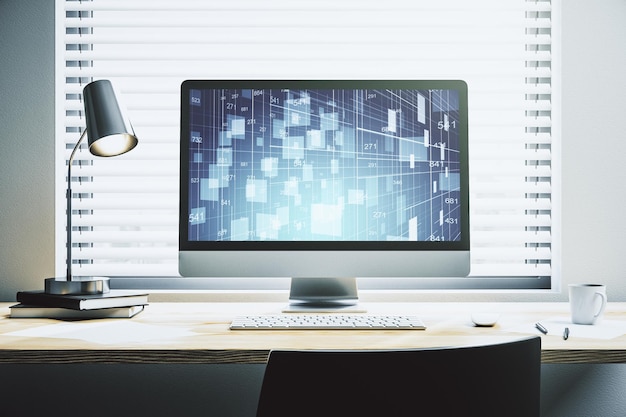 Moderner Computerbildschirm mit kreativen Statistikdaten, Hologrammstatistiken und Analysekonzept 3D-Rendering