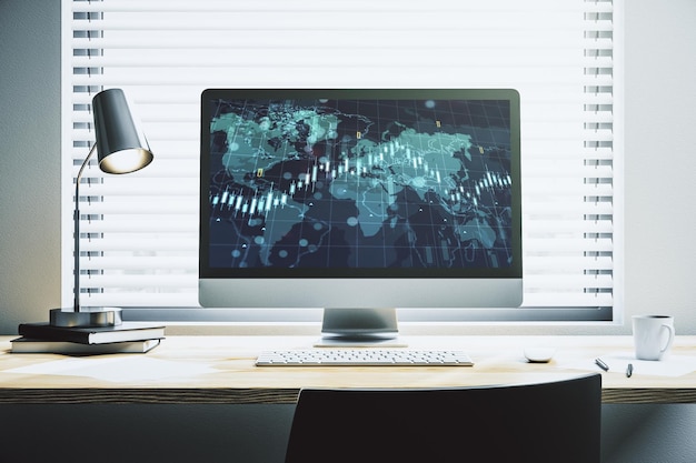 Moderner Computermonitor mit abstraktem kreativem Finanzdiagramm mit Weltkartenforschung und Strategiekonzept 3D-Rendering