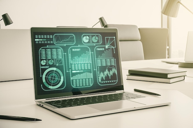 Moderner Computermonitor mit abstrakten kreativen Statistiken Datenhologrammstatistiken und Analysekonzept 3D-Rendering