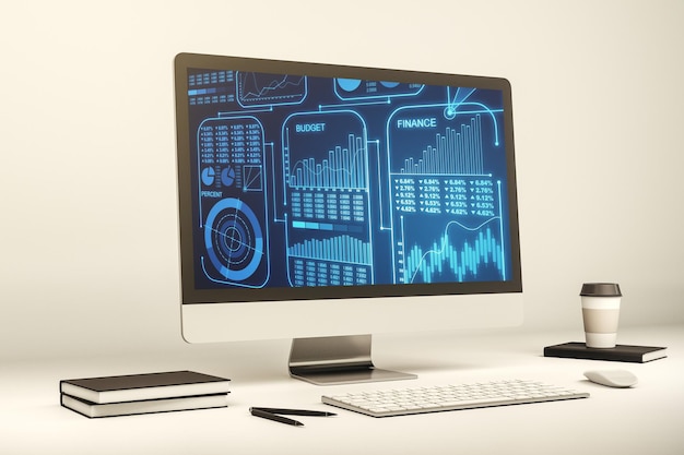 Moderner Computermonitor mit abstrakten statistischen Daten, Hologramm-Schnittstelle, Rechen- und Analysekonzept, 3D-Rendering