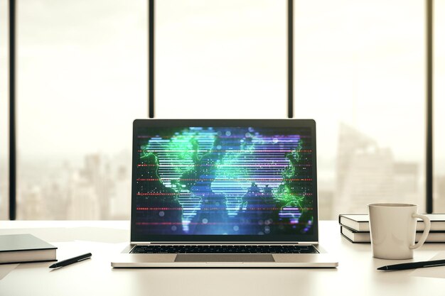 Moderner Computermonitor mit abstrakter digitaler Weltkartenforschung und Strategiekonzept 3D-Rendering