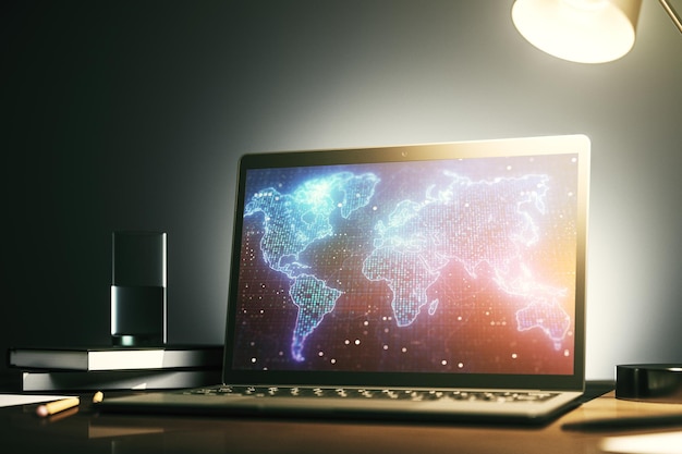 Moderner Computermonitor mit abstrakter digitaler Weltkartenforschung und Strategiekonzept 3D-Rendering
