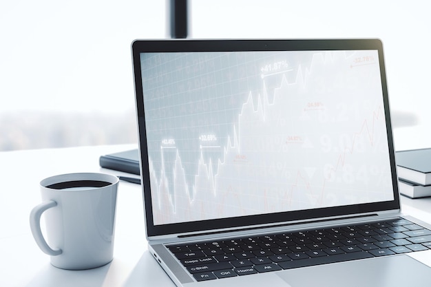 Moderner Computermonitor mit abstrakter kreativer Finanzdiagrammforschung und Strategiekonzept 3D-Rendering