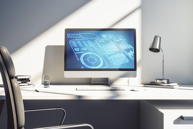 Moderner Computermonitor mit abstrakter kreativer Statistik Daten Hologramm Statistik und Analyse Konzept 3D-Rendering