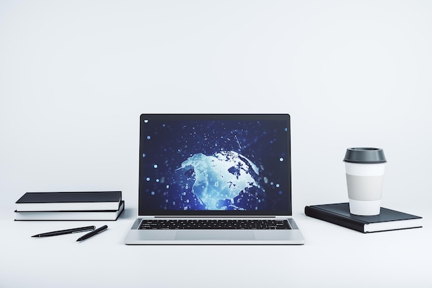Moderner Computermonitor mit abstrakter Programmiersprache mit Weltkarten-Forschungs- und Entwicklungskonzept 3D-Rendering