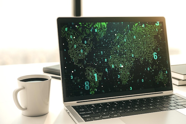 Moderner Computermonitor mit abstrakter Programmiersprache mit Weltkarten-Forschungs- und Entwicklungskonzept 3D-Rendering