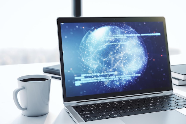 Moderner Computermonitor mit abstrakter Programmiersprache mit Weltkartenforschung und Entwicklungskonzept 3D-Rendering