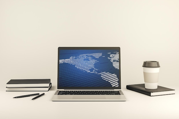 Moderner Computermonitor mit Amerika-Kartenforschung und Strategiekonzept 3D-Rendering