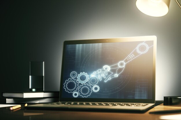 Moderner Computermonitor mit Hologramm der Robotiktechnologie Forschung und Entwicklung von Software-Konzept 3D-Rendering