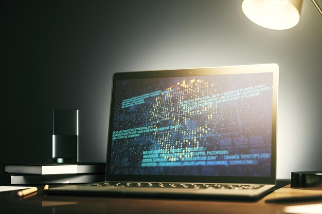 Moderner Computermonitor mit kreativem Code-Totenkopf-Hologramm, Malware- und Cyberkriminalitätskonzept 3D-Rendering