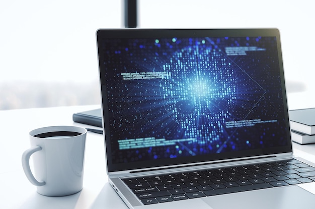 Moderner Computermonitor mit kreativem Code-Totenkopf-Hologramm, Malware- und Cyberkriminalitätskonzept 3D-Rendering