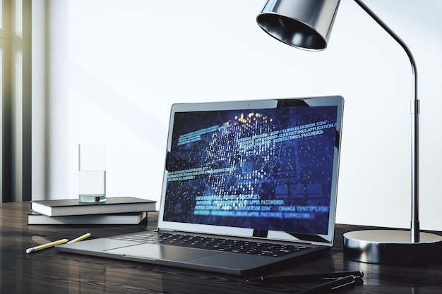 Moderner Computermonitor mit kreativem Code-Totenkopf-Hologramm, Malware- und Cyberkriminalitätskonzept 3D-Rendering
