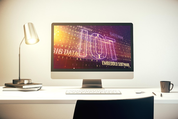 Foto moderner computermonitor mit kreativem iot-hologramm forschung und entwicklungskonzept 3d-rendering