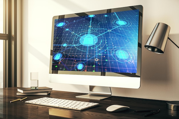 Moderner Computermonitor mit kreativem Sperrhologramm und Chip Informationssicherheitskonzept 3D-Rendering