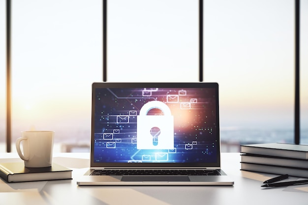 Moderner Computermonitor mit kreativem Sperrhologramm und E-Mail-Symbolen Informationssicherheitskonzept 3D-Rendering