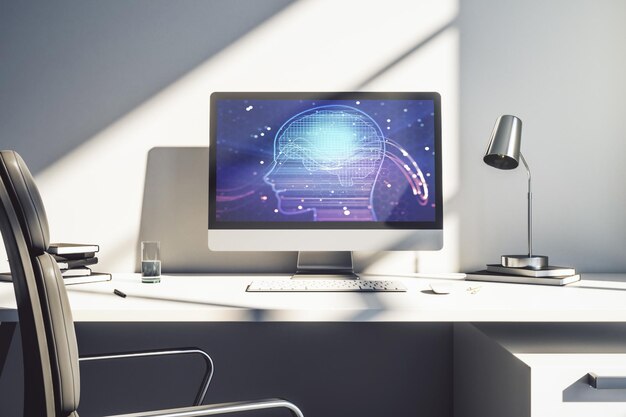 Moderner Computermonitor mit kreativem Symbol für künstliche Intelligenz, neuronalen Netzen und maschinellem Lernkonzept, 3D-Rendering