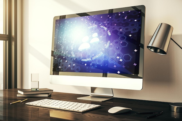Moderner Computermonitor mit Personensymbolen Hologramm Online-Versicherungsservice-Konzept 3D-Rendering