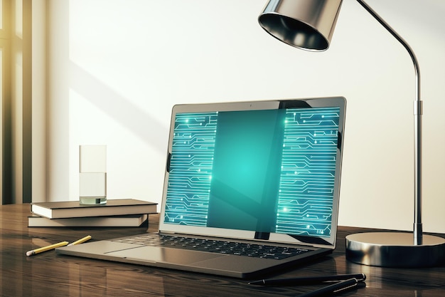 Moderner Computermonitor mit Schaltkreishologramm Forschung und Entwicklung von Hardware-Konzept 3D-Rendering