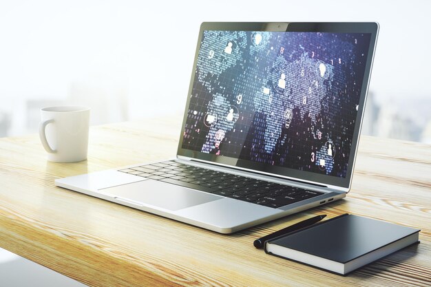 Moderner Computermonitor mit Symbolen für soziale Netzwerke Konzept mit Weltkarte Marketing- und Werbekonzept 3D-Rendering
