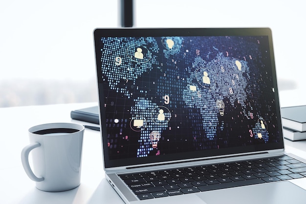 Moderner Computermonitor mit Symbolen für soziale Netzwerke, Konzept mit Weltkarte, Marketing- und Werbekonzept, 3D-Rendering