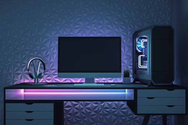 Foto moderner designer-desktop mit leerem schwarzem computerbildschirm