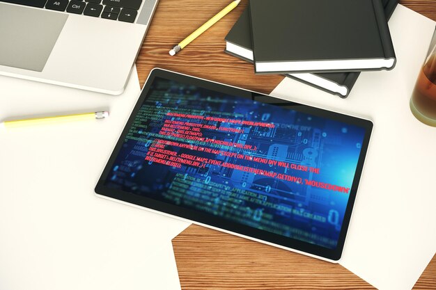 Moderner digitaler Tablet-Monitor mit abstrakter kreativer Codierung Skizze künstliche Intelligenz und neuronale Netzwerke Konzept Top-View 3D-Rendering