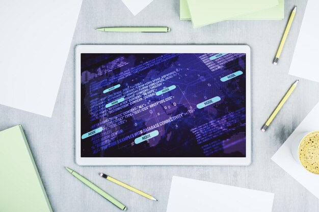Moderner digitaler Tablet-Monitor mit abstrakter kreativer Codierung Skizze und Weltkarte künstliche Intelligenz und neuronale Netzwerke Konzept Top-View 3D-Rendering