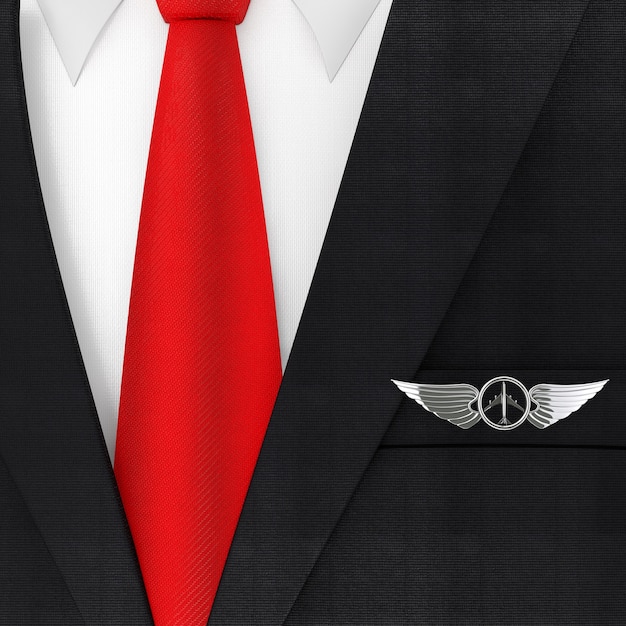 Moderner eleganter Mann Anzug mit roter Krawatte und silbernem Pilot Wing Emblem, Abzeichen oder Logo Symbol extreme Nahaufnahme. 3D-Rendering