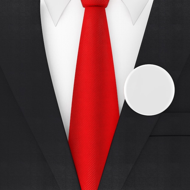 Foto moderner eleganter mann anzug mit roter krawatte und weißem blank vote badge extreme nahaufnahme. 3d-rendering