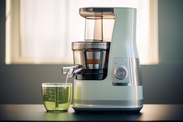 Moderner elektrischer Saftsauger mit einem Glas grünem Saft auf dem Tisch in der Küche