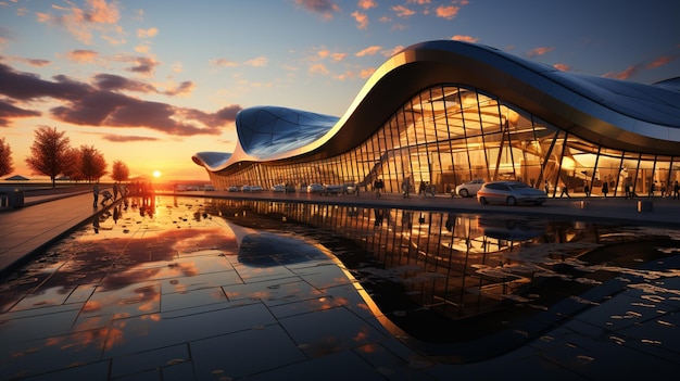 Moderner Flughafen bei Sonnenuntergang