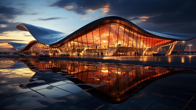 Moderner Flughafen bei Sonnenuntergang