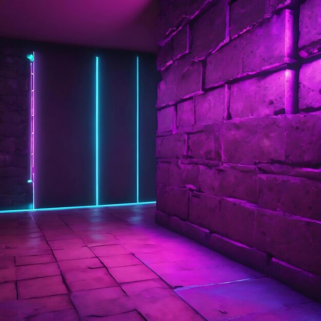 Moderner futuristischer Neon-Club, lila und blau beleuchteter leerer Raum, alter Grunge-Stein mit Ziegelstein3d-Rendering