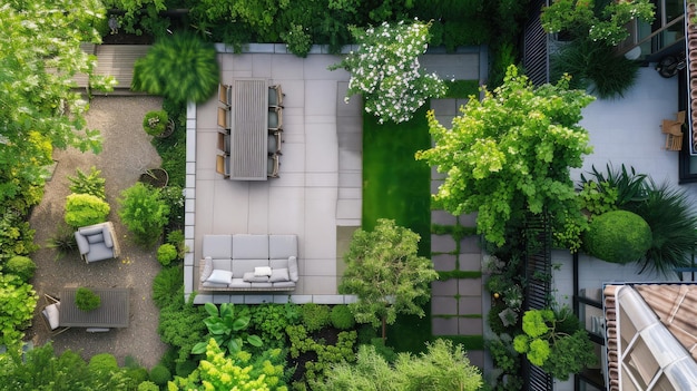 moderner Garten-Design mit Terrasse von oben aus