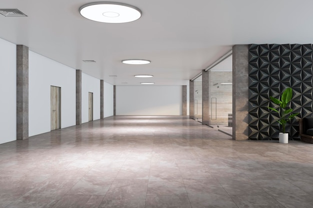 Moderner, geräumiger Bürobereich mit weißer Decke und Wänden Marmorboden Holztüren grüner Pflanzenbaum in weißem Topf und Glaswänden in separaten Salons 3D-Rendering