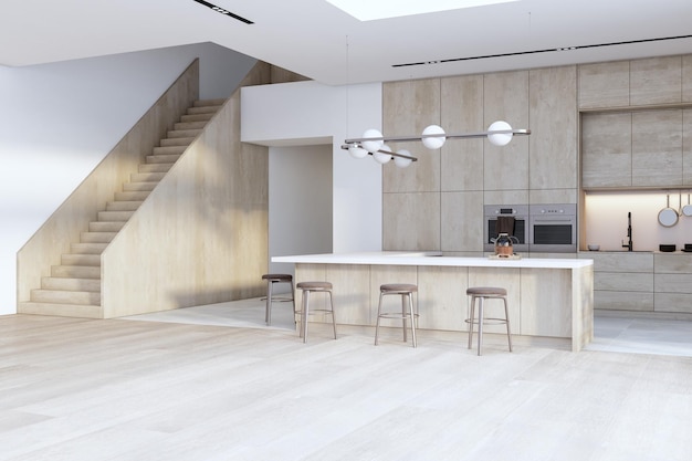 Moderner, geräumiger Kücheninnenraum in Weiß und Holz mit Treppenausstattung auf zwei Etagen und Tageslicht-3D-Rendering