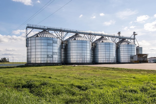 Moderner Getreideaufzug Silbersilos auf Agroverarbeitungs- und Produktionsanlagen zur Verarbeitung, Trocknung, Reinigung und Lagerung von landwirtschaftlichen Produkten, Mehl, Getreide und Getreide