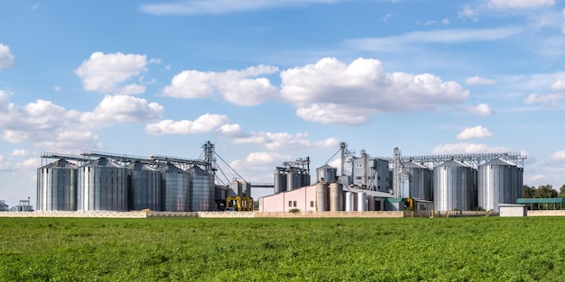 Moderner Getreideaufzug Silbersilos auf Agroverarbeitungs- und Produktionsanlagen zur Verarbeitung, Trocknung, Reinigung und Lagerung von landwirtschaftlichen Produkten, Mehl, Getreide und Getreide