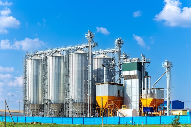 Moderner Getreideheber und Saatgutreinigungslinie Silbersilos auf Agroverarbeitungs- und Produktionsanlagen zur Lagerung und Verarbeitung Trocknung Reinigung von landwirtschaftlichen Produkten Mehl Getreide und Getreide