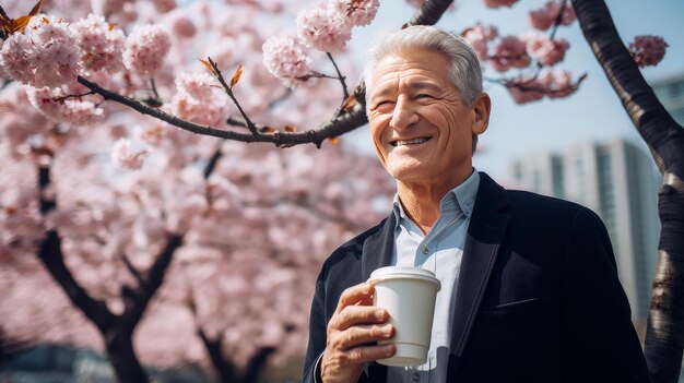 Moderner glücklicher lächelnder älterer Mann mit einer Tasse Kaffee vor dem Hintergrund von rosa Kirschblüten