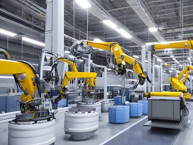 Foto moderner high-tech-industrieroboterarm in der fabrikproduktion