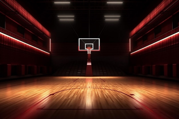 Moderner Hintergrund Arena Neongebäude Halle Innenraum leerer Spielkorridor Indoor Basketball Generative KI