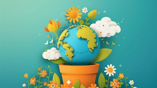 Moderner Hintergrund mit Save the Earth-Globus Blume Erde umarmt Blumentopf Wolke Illustrationsdesign für Web-Banner-Kampagne soziale Medien
