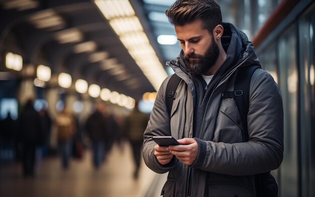 Moderner Hipster-Mann mit Smartphone am Bahnhof Generative von Ai