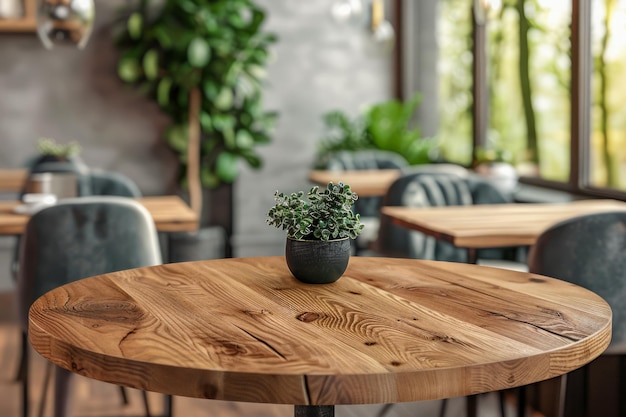 Foto moderner holztisch mit topfpflanze in einem stilvollen caféinterieur mit grün und naturlicht